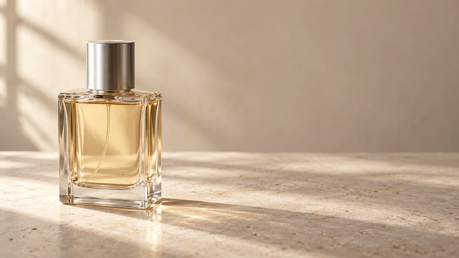 A clear glass perfume bottle on pale stone, softly lit from the left, with empty space on the right