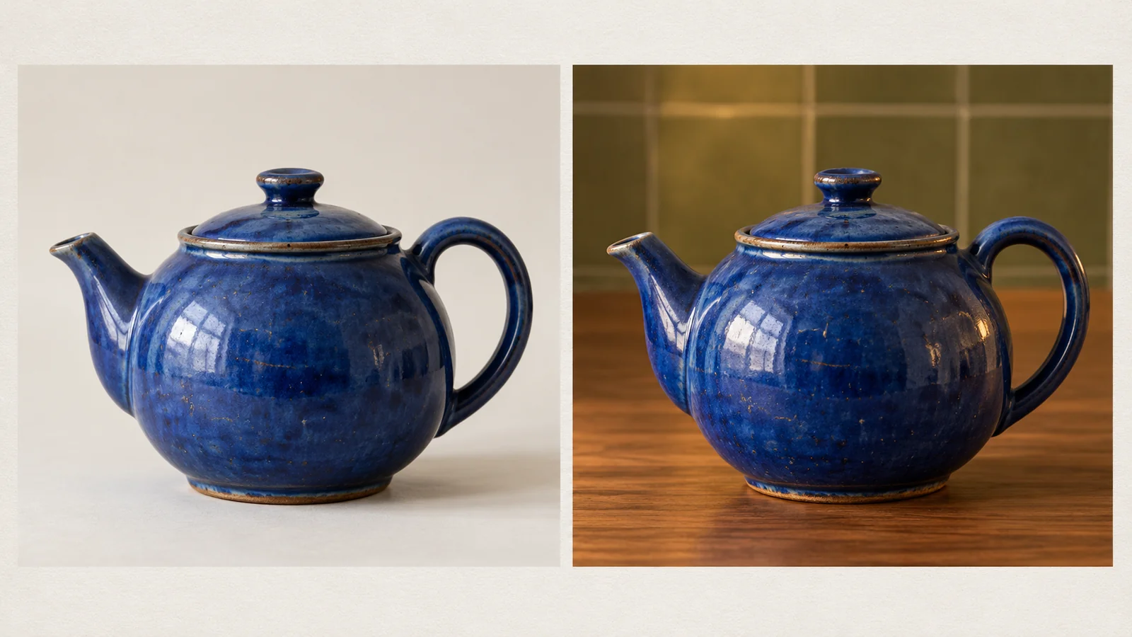 The same cobalt-blue teapot shown against a neutral studio backdrop and in a warm kitchen