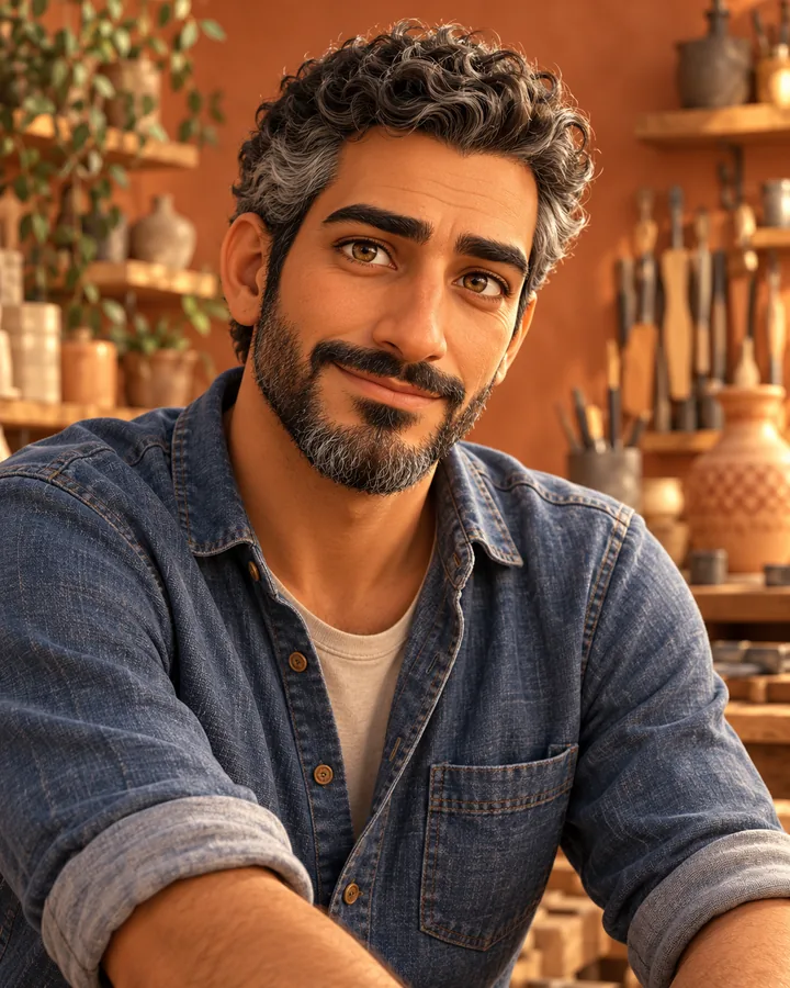 Detailed character avatar of a man with salt-and-pepper curls, a denim shirt, and a warmly lit workshop