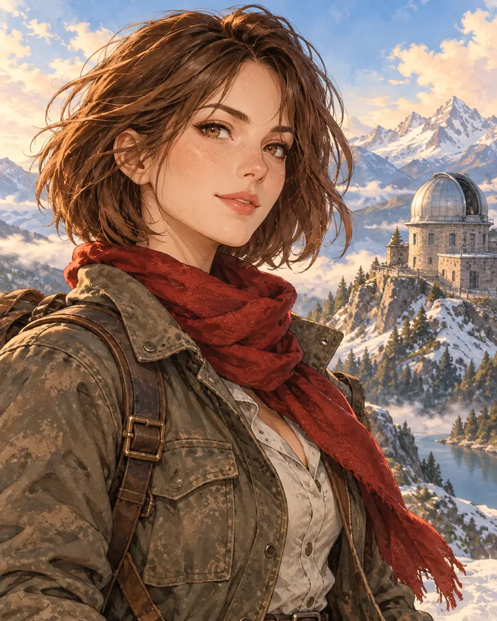 Anime explorer avatar with a chestnut bob, red scarf, field jacket, and a mountain observatory background