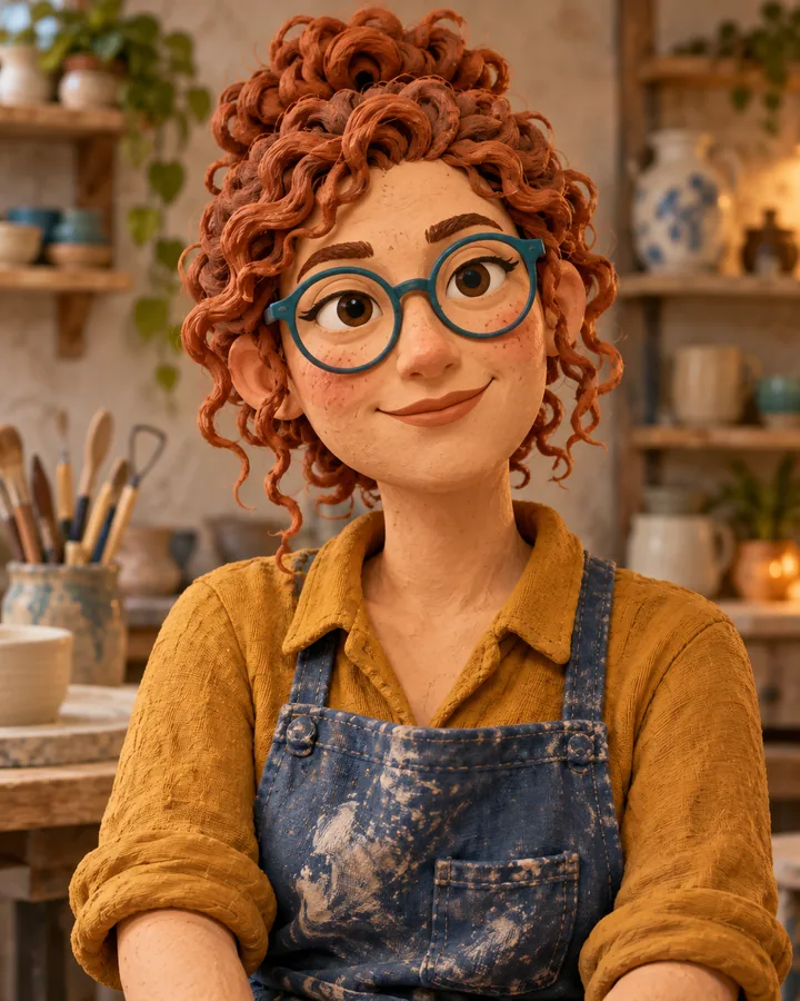 Handcrafted clay-style artist avatar with curly auburn hair, teal glasses, a blue apron, and a warm pottery studio