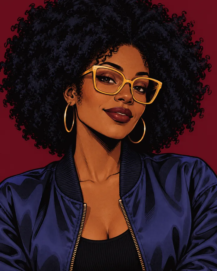 Graphic-novel creator avatar with natural afro hair, yellow glasses, an indigo jacket, and a burgundy background