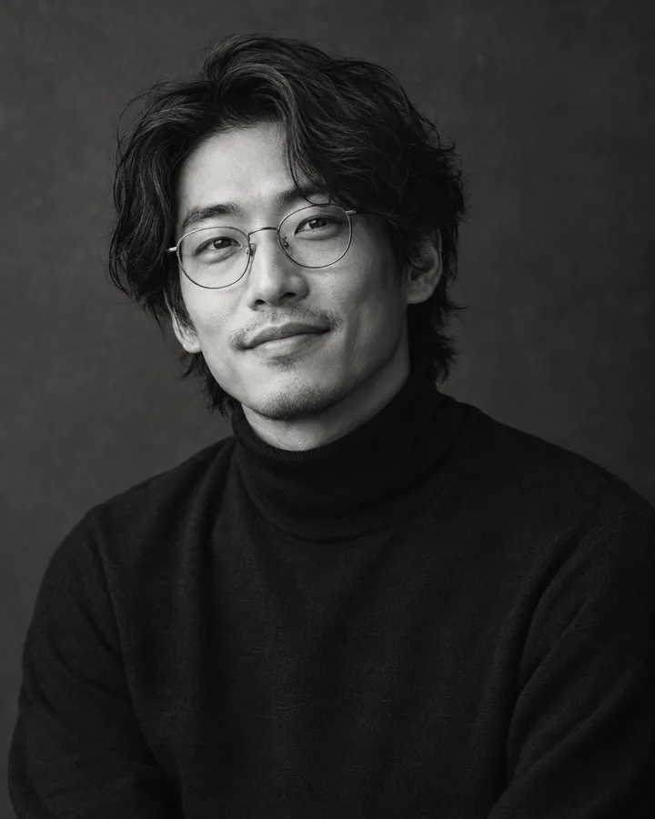 Black-and-white editorial avatar of a man with dark hair, thin glasses, a black turtleneck, and soft studio light