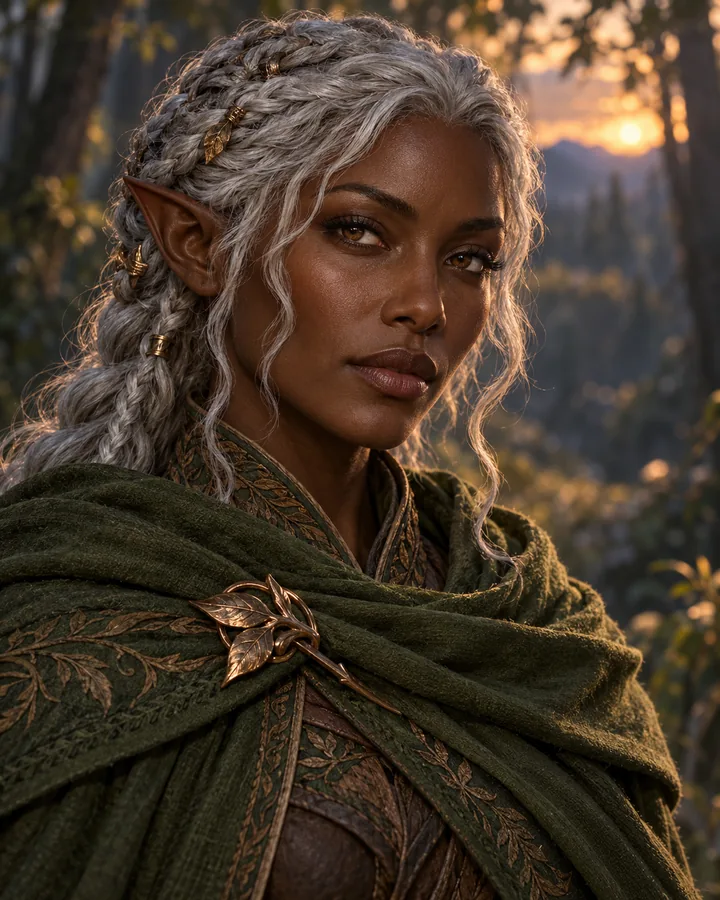 Fantasy ranger avatar with silver braids, a green cloak, a bronze clasp, and a softly lit forest