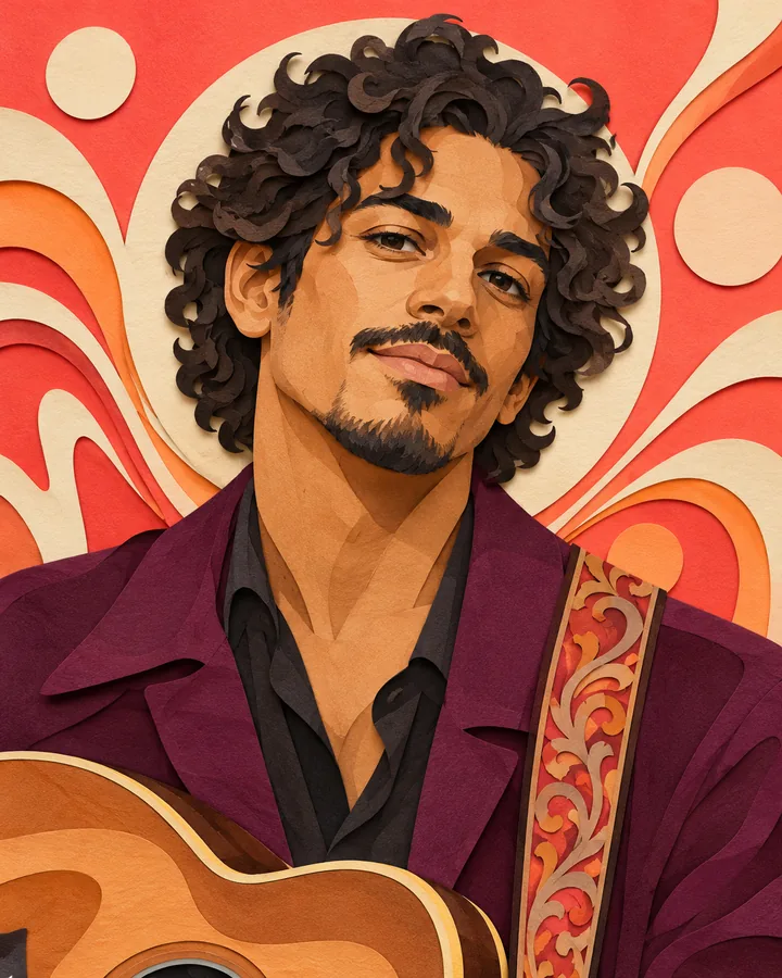 Illustrated musician avatar with dark curls, a plum jacket, a guitar, and bold coral and cream shapes