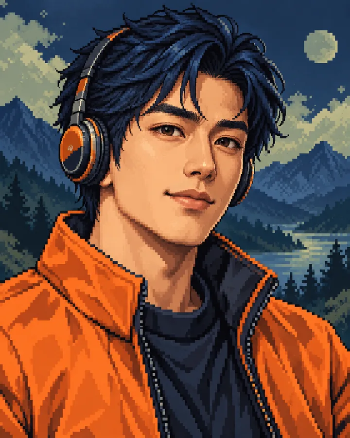 Stylized gaming avatar with dark hair, an orange jacket, headphones, and a blue-green landscape