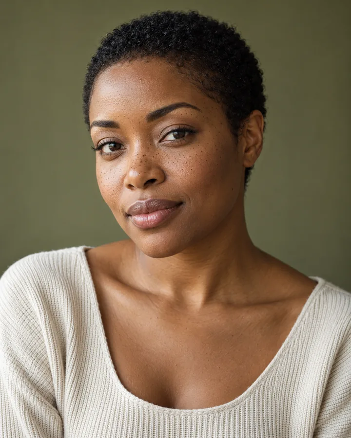 Realistic avatar portrait of a woman with close-cropped natural hair, cream knitwear, soft window light, and an olive background