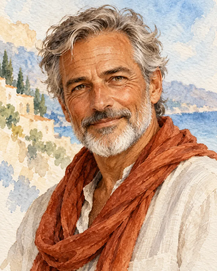 Watercolor traveler avatar with a gray beard, linen shirt, rust scarf, and a soft Mediterranean backdrop