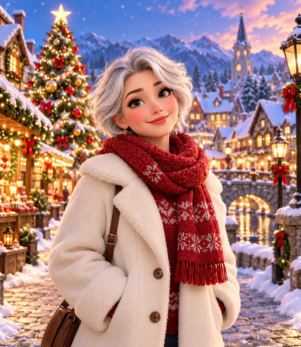 Colorful cartoon Christmas portrait in a snowy village