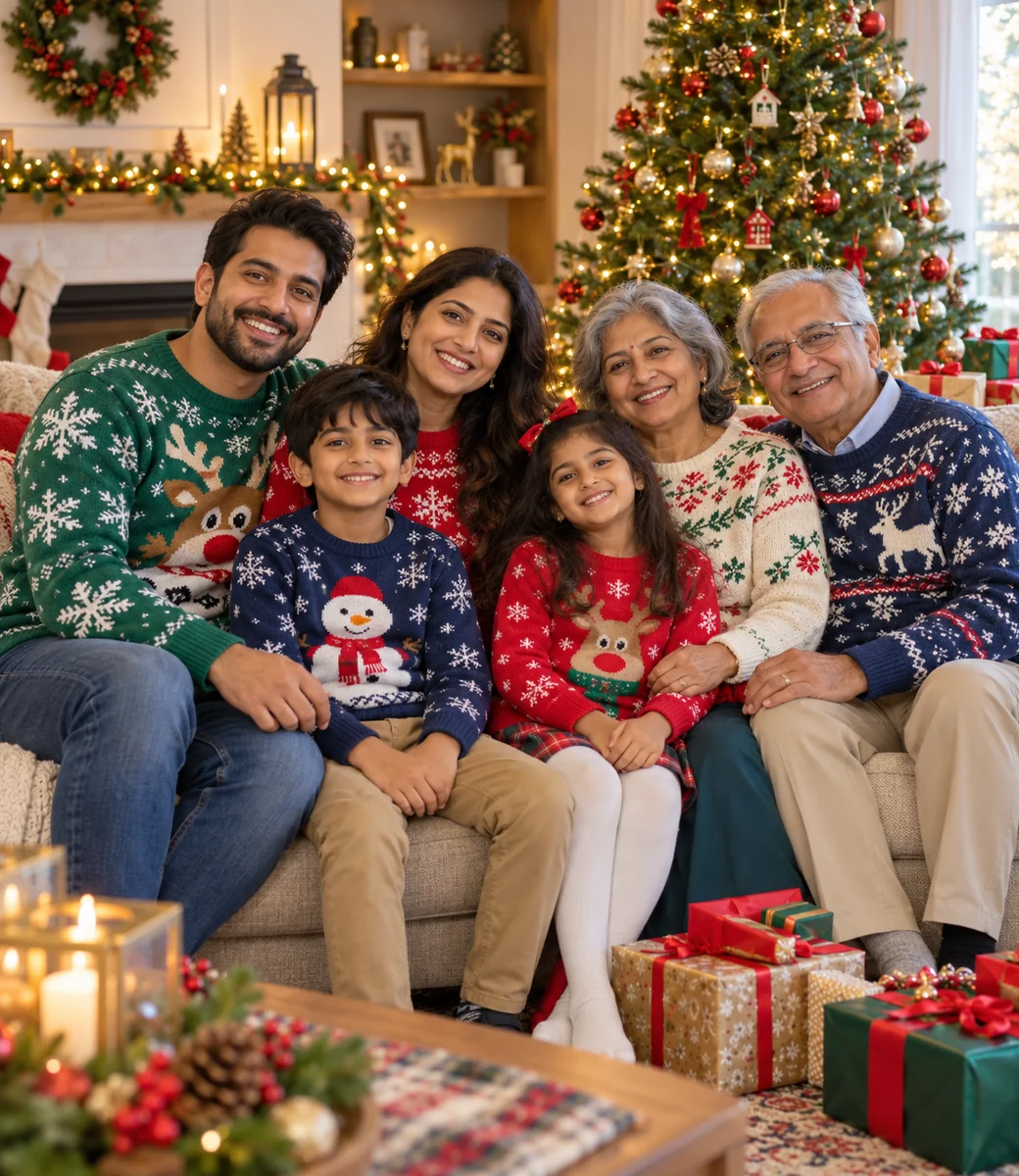 Cozy multigenerational family Christmas portrait