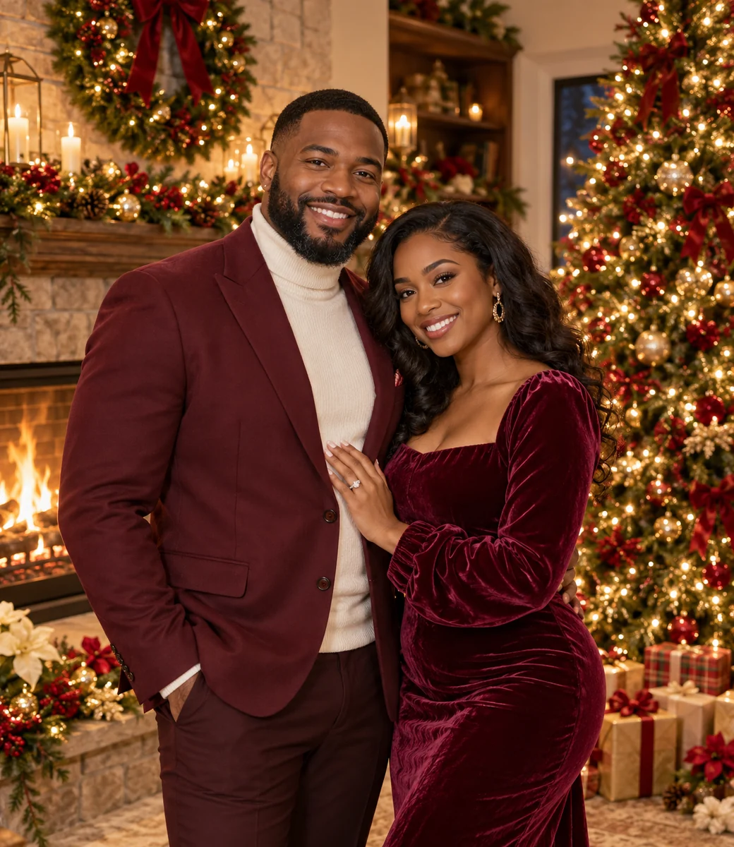 Holiday couple portrait beside a fireplace and Christmas tree