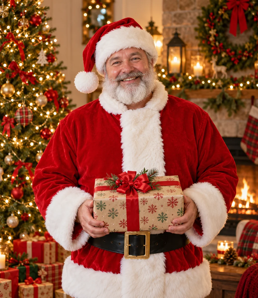 Santa Claus portrait with a wrapped Christmas present