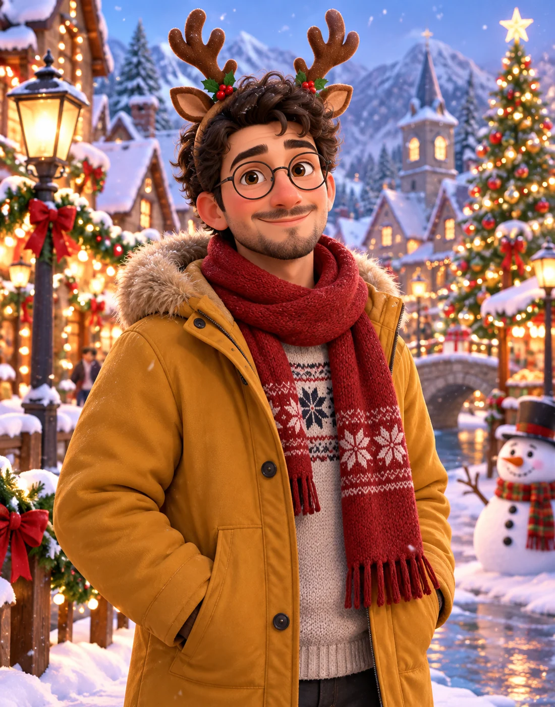 Cartoon Christmas portrait in a snowy village