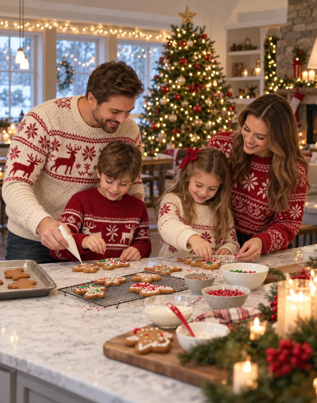 Family Christmas portrait with festive sweaters and a decorated tree