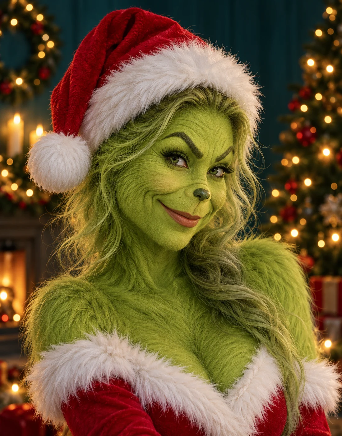 Festive Grinch profile portrait with a Santa hat