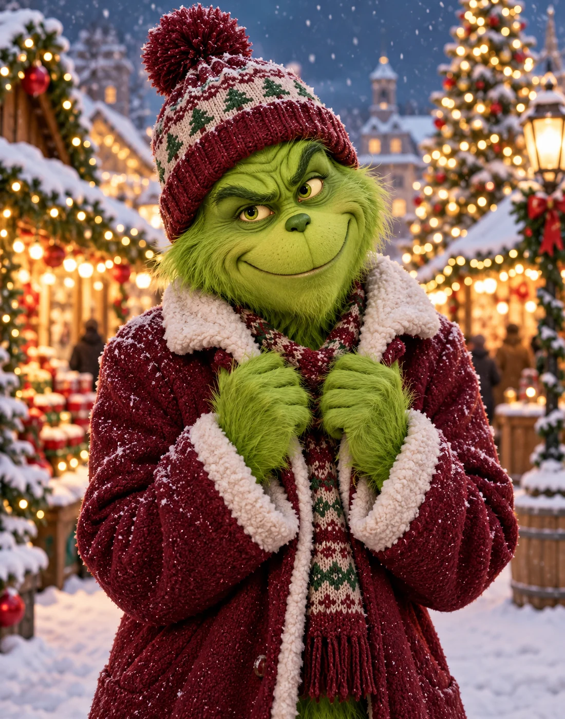 Grinch portrait in a snowy Christmas village
