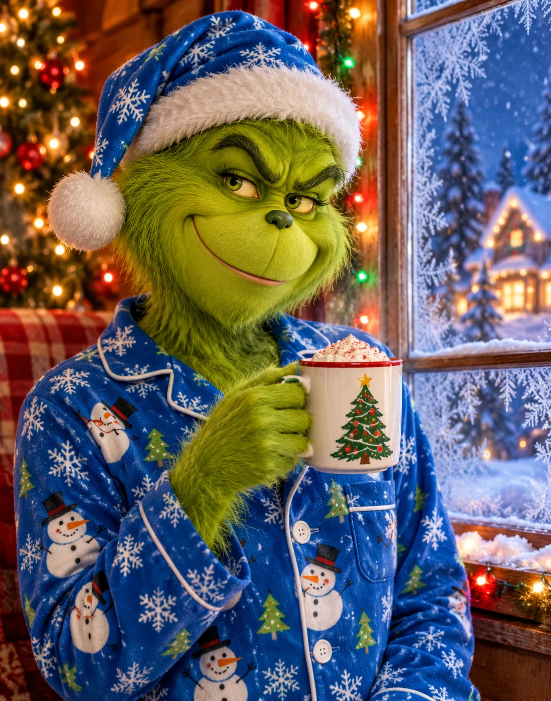 Green furry Grinch in a cream sweater beside Christmas decorations