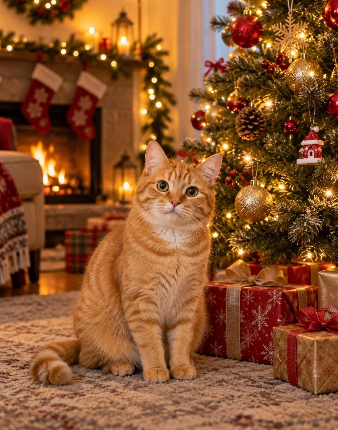 An orange cat sitting fully visible beside a decorated Christmas tree in a cozy home, warm golden background lights.