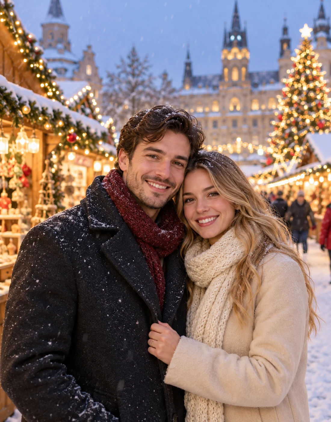 A couple in simple winter coats, waist-up in a snowy Christmas market with warm wooden stalls and lights.