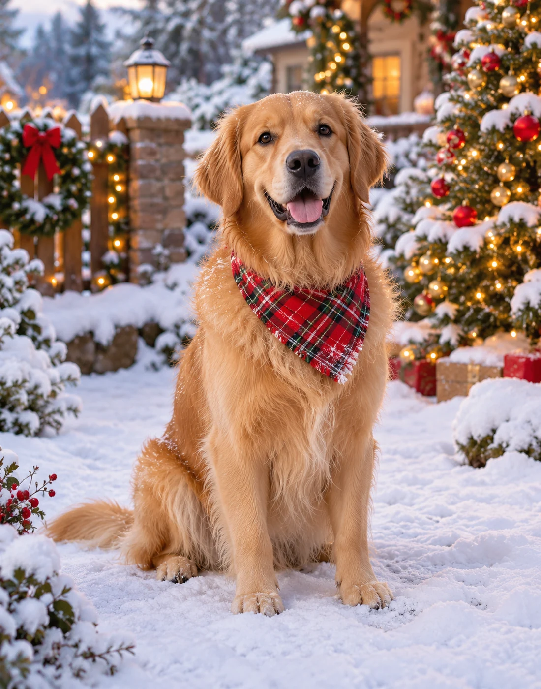 A golden retriever sitting fully visible in a snowy Christmas garden with decorated trees, detailed fur.