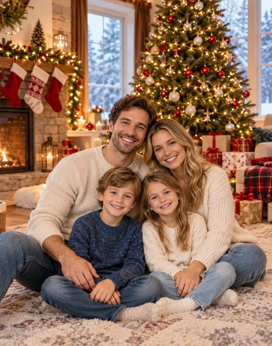 A smiling family of four in casual cream and blue outfits, seated together in a Christmas living room with gifts and lights, all heads complete.