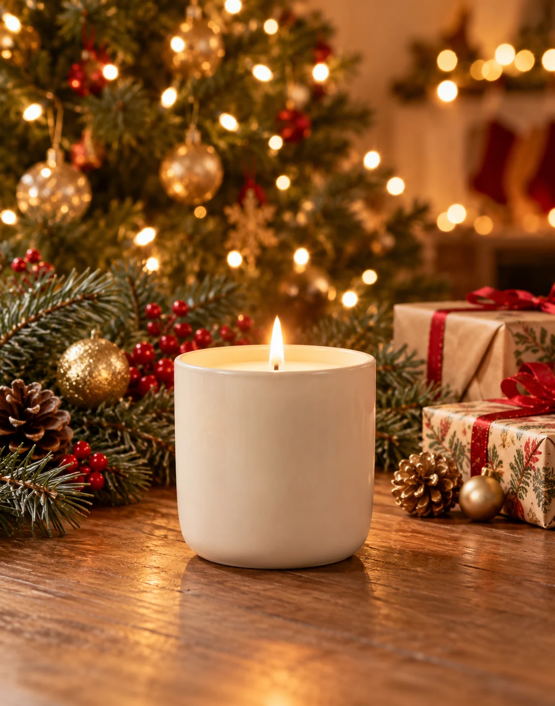 An unbranded cream ceramic candle jar centered on a table, Christmas pine branches, gifts and golden lights behind it.