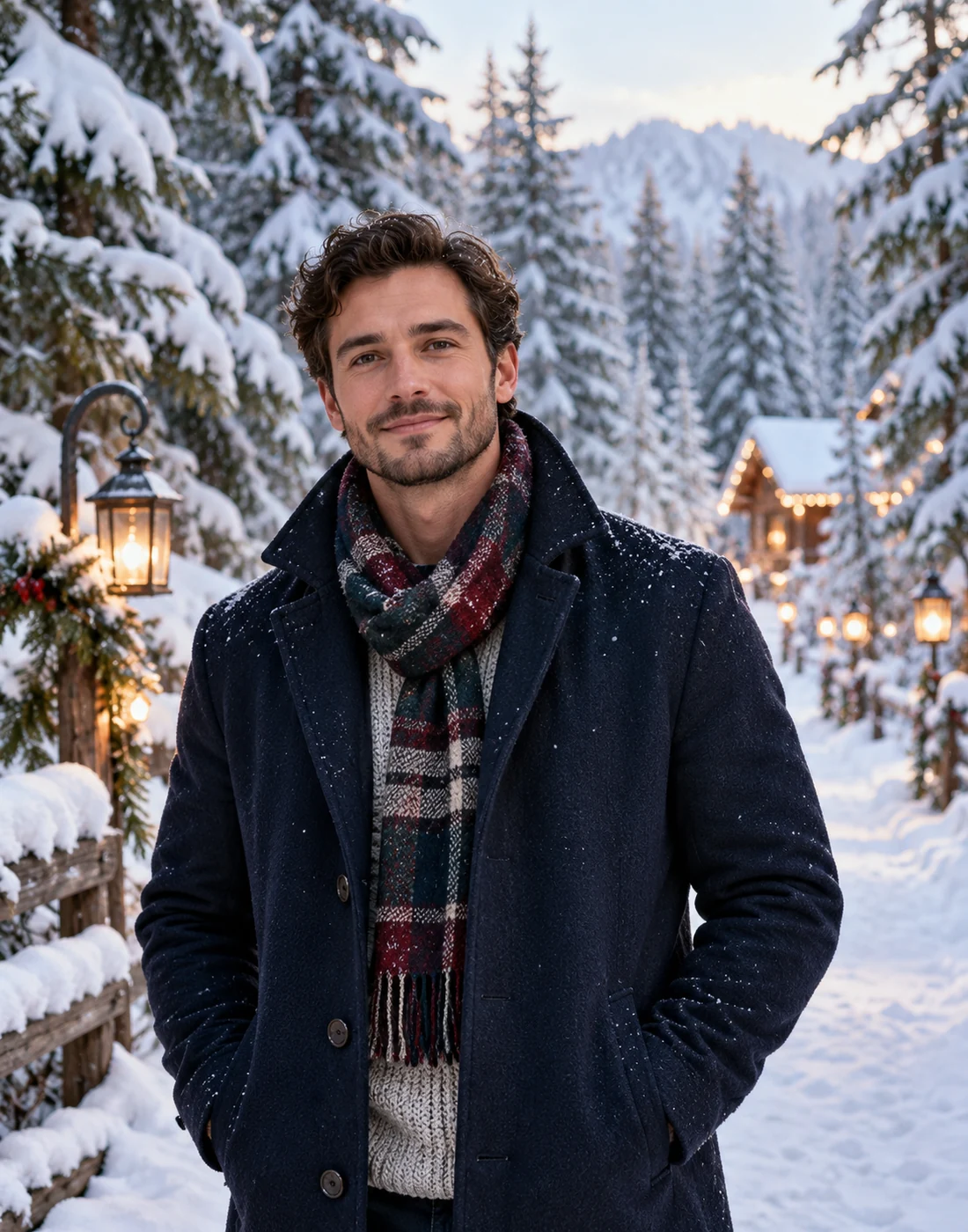 A man in an everyday navy coat, waist-up surrounded by snowy fir forest with subtle Christmas lanterns.