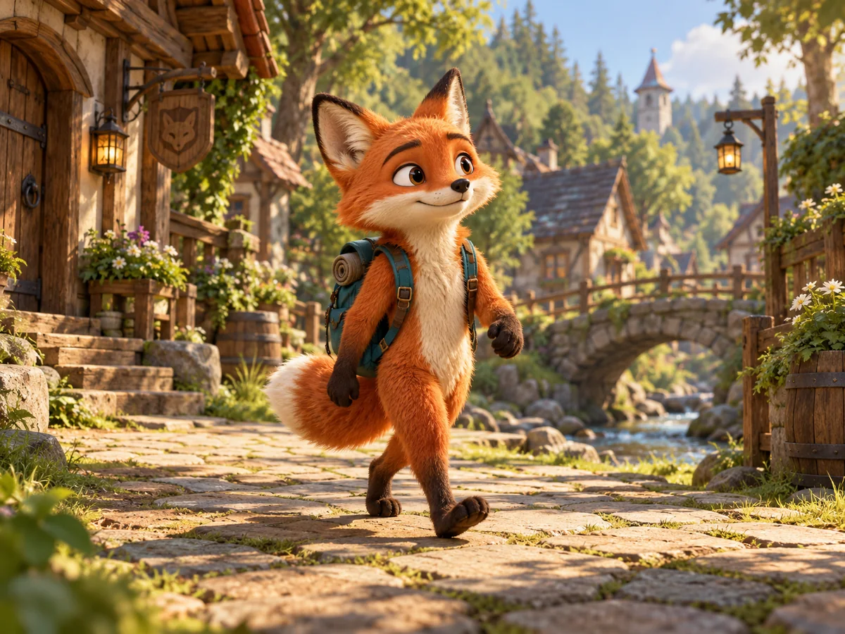Animated fox explorer with a teal backpack walking through a woodland village