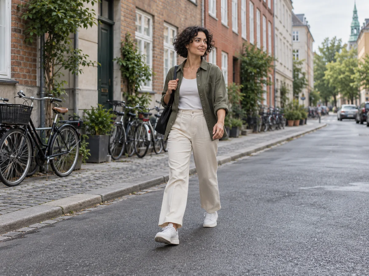 Woman in an olive overshirt walking across a quiet city street