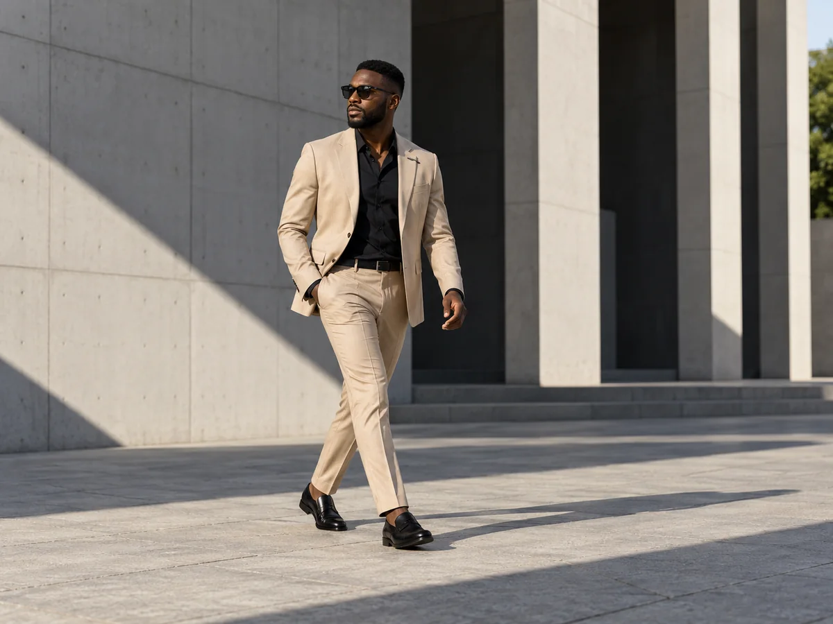 Man in a beige suit walking past a modern concrete building