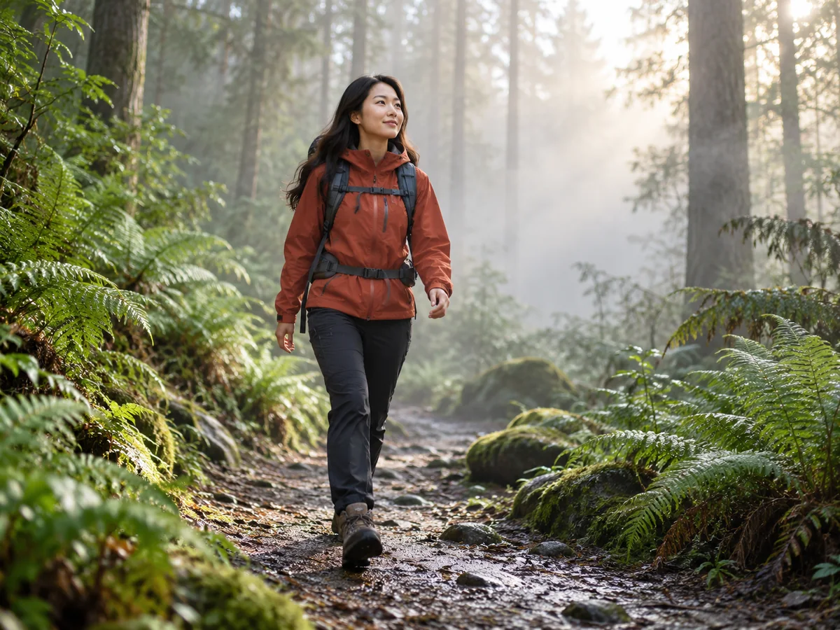 Woman in a rust hiking jacket walking through a misty forest